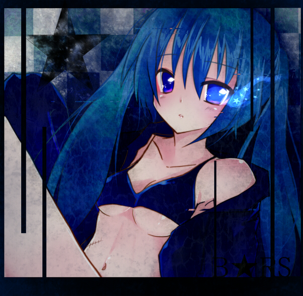 mutsu (kitakaze berry), black rock shooter (character), hatsune miku, black rock shooter, vocaloid, bad id, bad pixiv id, 10s, 1girl, bikini, bikini top only, blue bikini, blue eyes, blue hair, breasts, female focus, glowing, glowing eyes, long hair, matching hair/eyes, medium breasts, scar, solo, star (symbol), stitches, swimsuit, twintails, underboob