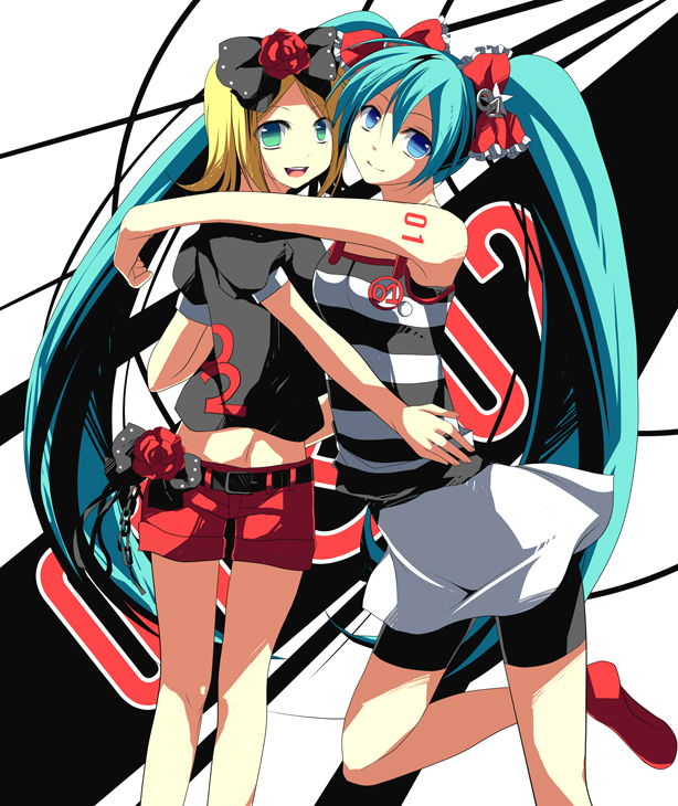 hako, xhacox, hatsune miku, kagamine rin, vocaloid, bad id, bad pixiv id, 2girls, aqua hair, artistic error, blonde hair, blue eyes, casual, green eyes, hair ribbon, hug, long hair, multiple girls, ribbon, shorts, twintails, very long hair