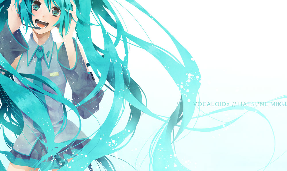 nagi kanami, hatsune miku, vocaloid, bad id, bad pixiv id, aqua eyes, aqua hair, headset, long hair, music, necktie, singing, skirt, solo, very long hair