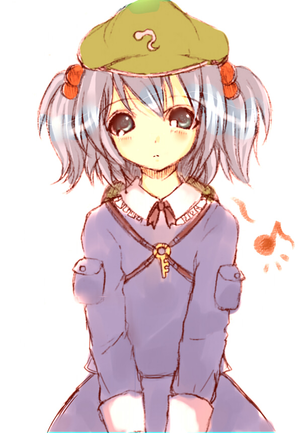 uryu, kawashiro nitori, touhou, bad id, bad pixiv id, 1girl, blue hair, female focus, hair bobbles, hair ornament, hat, short hair, simple background, skirt, solo, twintails, two side up, white background