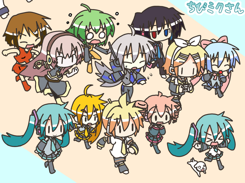 minami (colorful palette), akita neru, chibi miku, fl-chan, hamo (dog), hatsune miku, kagamine len, kagamine rin, kaito (vocaloid), kasane teto, kasane teto (utau), kiyone suzu, megurine luka, meiko (vocaloid), yokune ruko, yowane haku, fl studio, utau, vocaloid, > <, 1boy, 6+girls, :3, ahoge, airplane arms, chibi, clenched hand, closed eyes, clumsy, crossover, dog, drill hair, everyone, fallen down, handheld game console, heterochromia, multiple girls, o o, outstretched arms, playstation portable, raised fist, running, spread arms, sweat, thighhighs, twin drills, twintails, | |