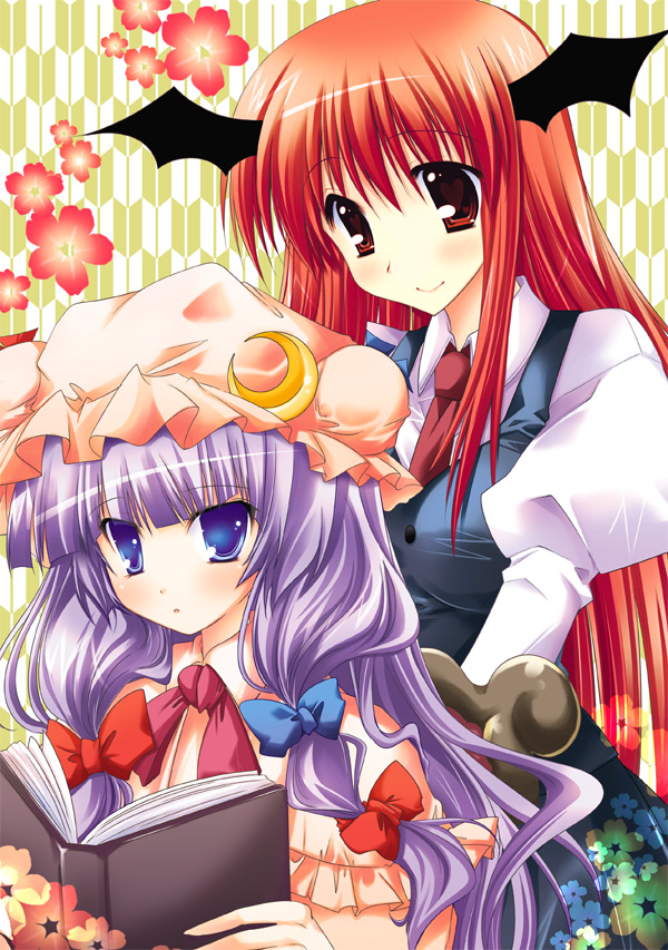 araiguma, hinata momo, kamemushi, koakuma, patchouli knowledge, embodiment of scarlet devil, touhou, bad id, bad pixiv id, 2girls, blue eyes, book, female focus, flower, hair ribbon, hat, head wings, long hair, multiple girls, plant, purple hair, red eyes, red hair, ribbon, sitting, standing, wings