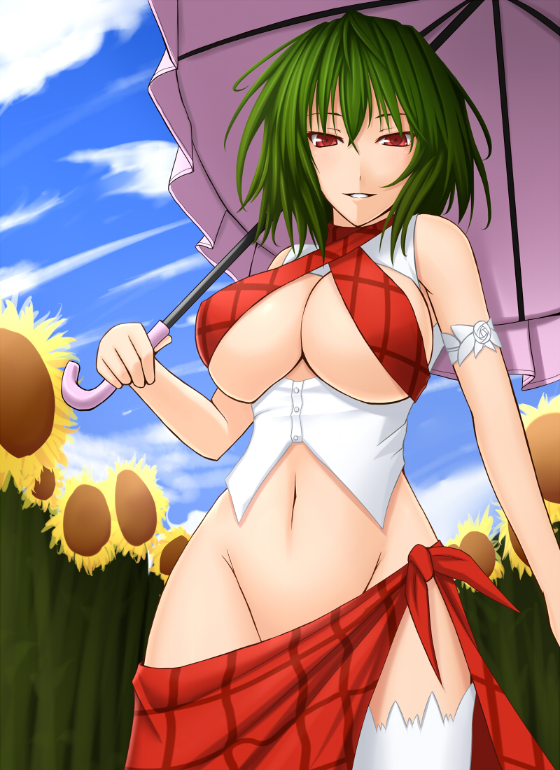 akitsuki karasu, kazami yuuka, touhou, 1girl, breasts, female focus, flower, green hair, groin, huge breasts, no panties, open clothes, plaid clothes, plaid sarong, red eyes, sarong, sideboob, solo, sunflower, thighhighs, thighs, umbrella, underboob, white thighhighs