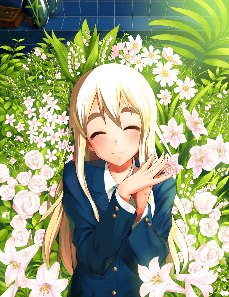 lunch (shin new), kotobuki tsumugi, k-on!, eyebrows, bad id, bad pixiv id, 00s, 1girl, ||/, baby's-breath, blazer, blonde hair, blush, closed eyes, daisy (flower), easter lily, female focus, flower, hands clasped in delight, happy, jacket, lily (flower), lily of the valley, long hair, looking at viewer, own hands together, rose, school uniform, smile, solo, steepled fingers, white flower, white rose