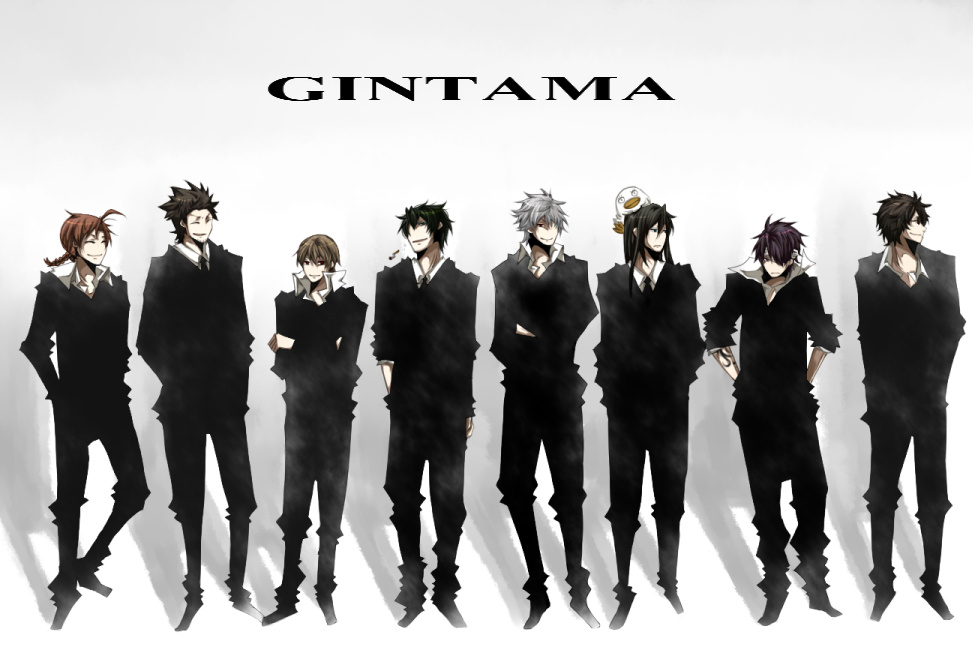 pokamilk, elizabeth (gintama), hijikata toushirou, kamui, kamui (gintama), katsura kotarou, kondou isao, okita sougo, sakamoto tatsuma, sakata gintoki, takasugi shinsuke, ghost in the shell, ghost in the shell: stand alone complex, gintama, bad id, bad pixiv id, 6+boys, ahoge, copyright name, ghost in the shell lineup, lineup, male focus, multiple boys, parody, white background