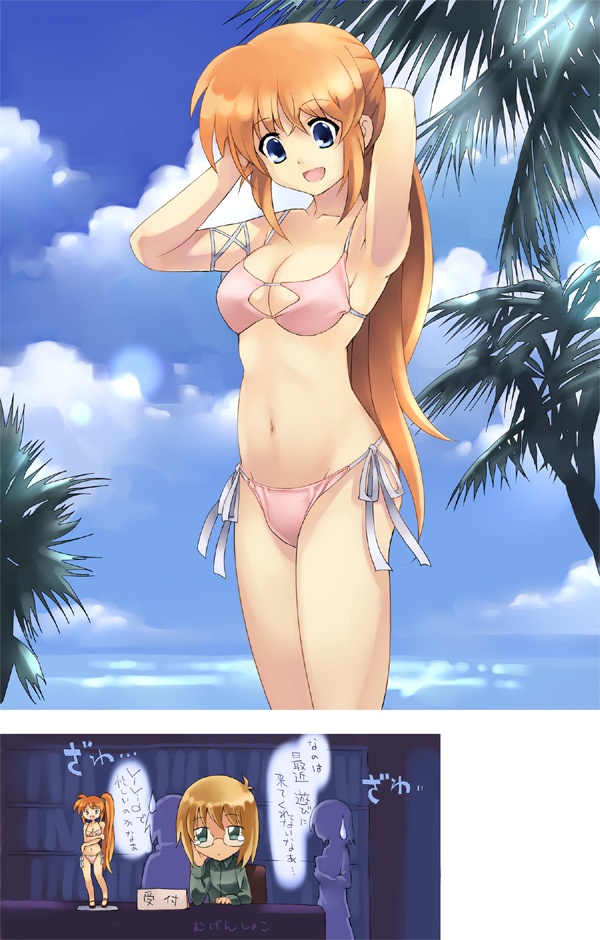 kouno hikaru, takamachi nanoha, yuuno scrya, lyrical nanoha, mahou shoujo lyrical nanoha, mahou shoujo lyrical nanoha strikers, bad id, bad pixiv id, translation request, 00s, 1boy, 1girl, armpits, arms behind head, arms up, bikini, blue eyes, breasts, brown hair, cleavage, day, figure, glasses, large breasts, long hair, palm tree, ponytail, side-tie bikini bottom, side ponytail, sweatdrop, swimsuit, tree