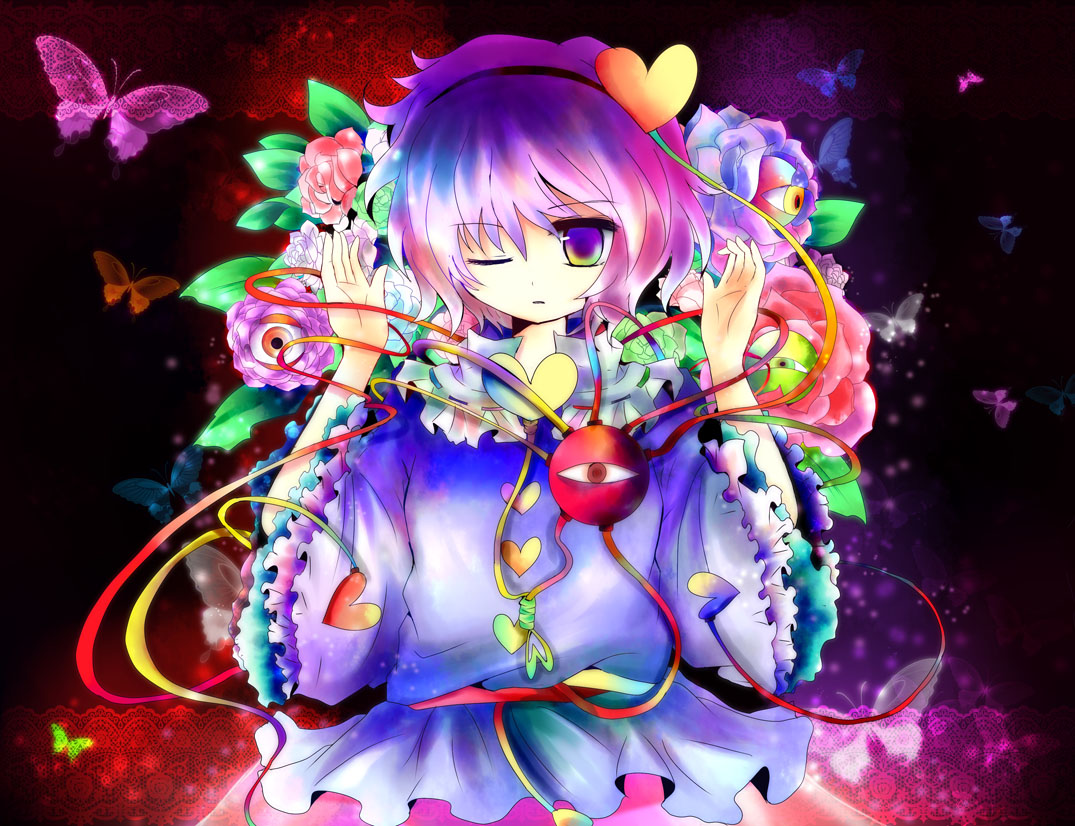 kazu (muchuukai), komeiji satori, touhou, bad id, bad pixiv id, 1girl, alternate eye color, alternate hair color, bug, butterfly, collared shirt, colorful, female focus, flower, glowing, green flower, hair between eyes, insect, shirt, solo