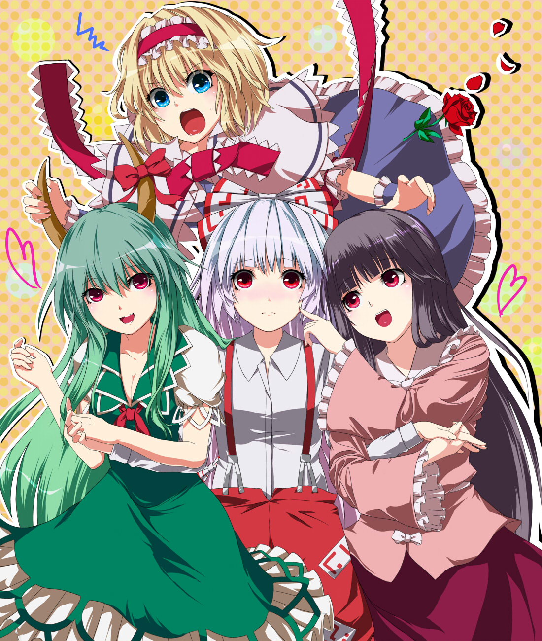 fuji hyorone, alice margatroid, ex-keine, fujiwara no mokou, houraisan kaguya, kamishirasawa keine, touhou, bad id, bad pixiv id, highres, 4girls, angry, black hair, blonde hair, blue eyes, blush, bow, breasts, cleavage, dress, female focus, flower, green hair, hair bow, hairband, heart, holding hands, horn grab, horn ornament, horn ribbon, horns, long hair, multiple girls, open mouth, pants, red eyes, ribbon, rose, smile, squiggle, suspenders, very long hair, white hair, yuri