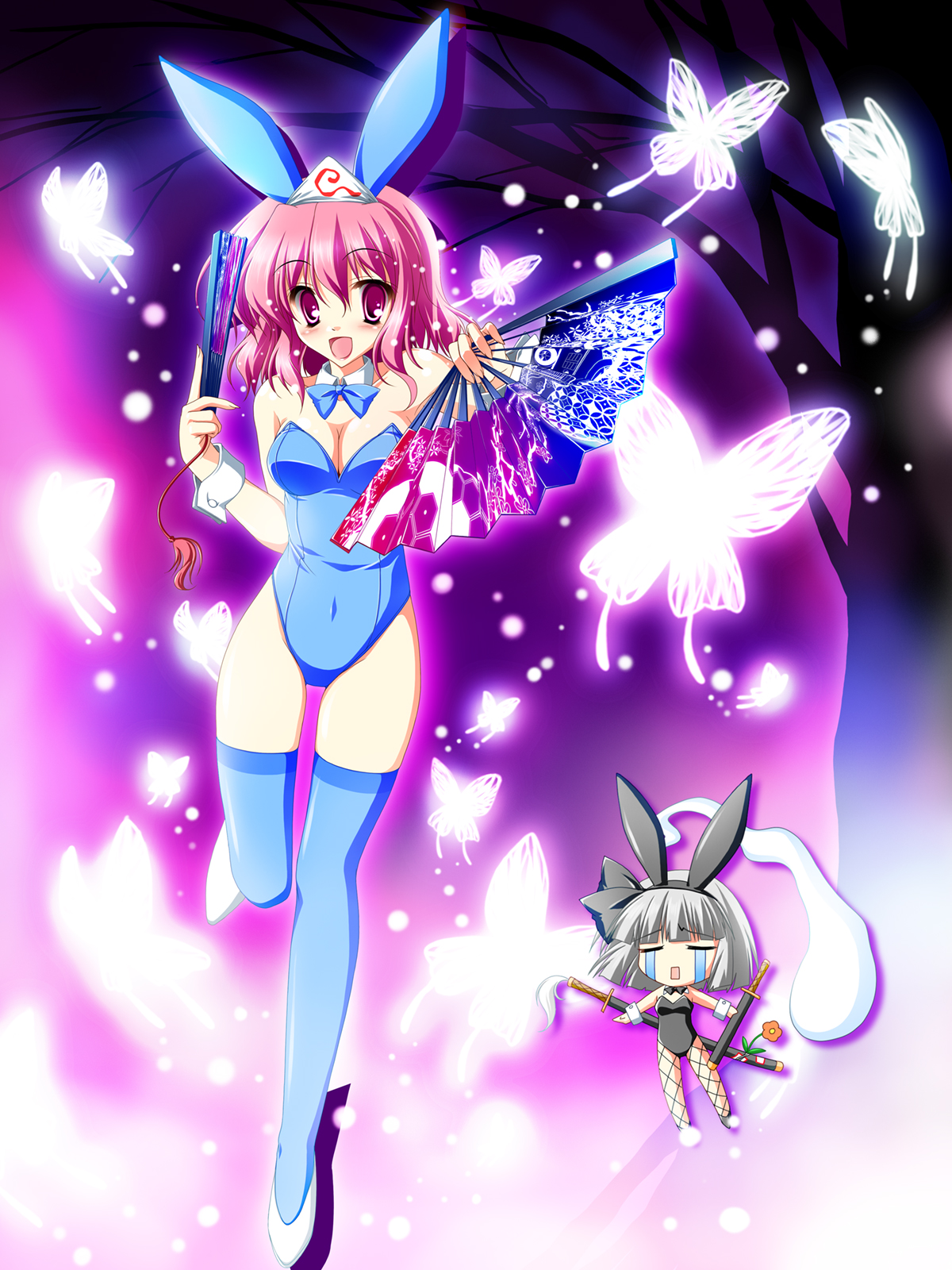 kamiya tomoe, konpaku youmu, saigyouji yuyuko, touhou, highres, 2girls, animal ears, blue thighhighs, bug, butterfly, female focus, hand fan, insect, multiple girls, open mouth, playboy bunny, rabbit ears, thighhighs