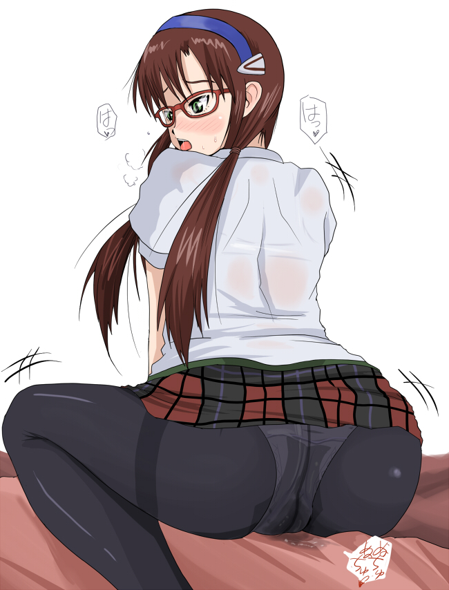 nullhachi, makinami mari illustrious, neon genesis evangelion, rebuild of evangelion, bad id, bad pixiv id, 00s, 1girl, ass, blush, bra, bra visible through clothes, clothed masturbation, crotch rub, crotch seam, female focus, female masturbation, glasses, green eyes, hairband, lingerie, long hair, masturbation, miniskirt, panties, panties under pantyhose, pantyhose, pantyshot, plaid clothes, plaid skirt, pussy juice, pussy juice stain, red hair, school uniform, see-through clothes, skirt, solo, sweat, sweat stain, thighband pantyhose, through panties, twintails, underwear, upskirt, wet, wet clothes, wet panties, wet pantyhose