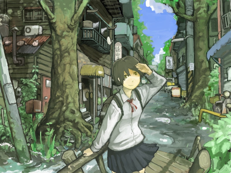 mo-mo-ride, original, bad id, bad pixiv id, 1girl, bag, bridge, brown hair, day, female focus, school bag, school uniform, serafuku, shading eyes, short hair, solo, town