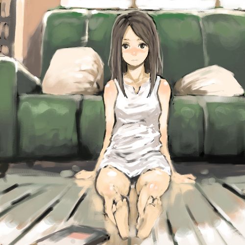 mo-mo-ride, original, bad id, bad pixiv id, lowres, arm support, barefoot, blush, brown hair, couch, dress, feet, foreshortening, long hair, pillow, sitting, solo, sundress