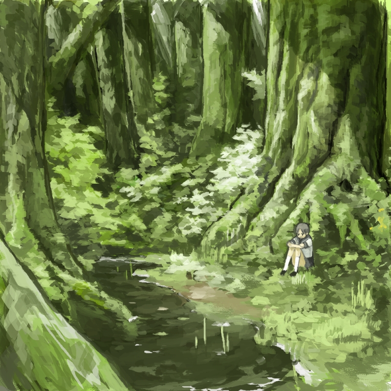 mo-mo-ride, original, bad id, bad pixiv id, forest, frown, green theme, moss, nature, reeds, sad, scenery, school uniform, serafuku, sitting, solo, tree, water