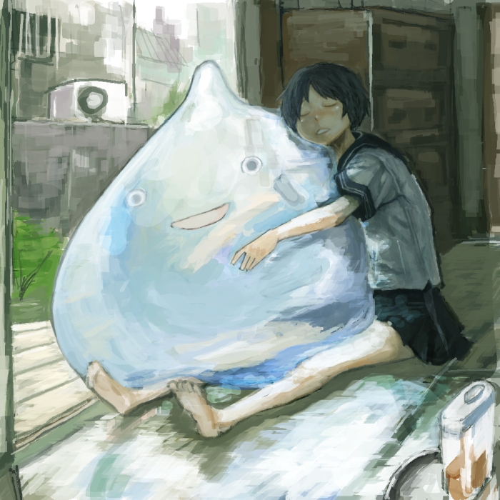 mo-mo-ride, slime (dragon quest), dragon quest, bad id, bad pixiv id, 1girl, barefoot, black hair, closed eyes, feet, female focus, hug, school uniform, serafuku, short hair, sitting, solo