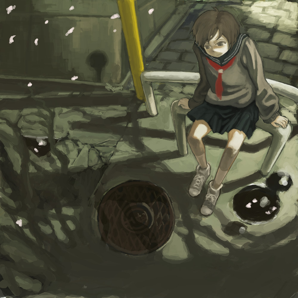 mo-mo-ride, original, bad id, bad pixiv id, arm support, brown eyes, brown hair, from above, petals, school uniform, serafuku, short hair, sitting, solo