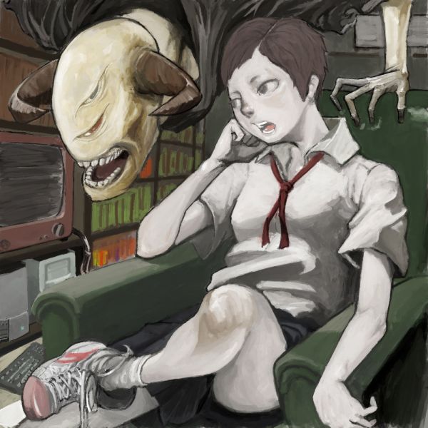 mo-mo-ride, original, bad id, bad pixiv id, 1girl, bad anatomy, bad feet, broken ankle, brown hair, demon, dislocated leg, female focus, horns, open mouth, pale skin, poorly drawn, school uniform, serafuku, shoes, short hair, sitting, sneakers, solo, television