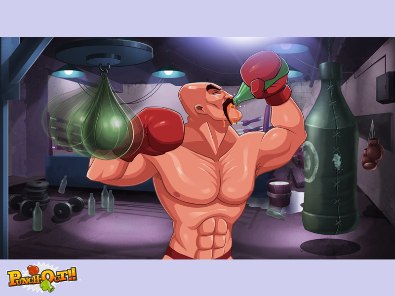 soda popinski, nintendo, punch-out!!, 1boy, afterimage, bald, bottle, boxing gloves, boxing ring, briefs, ceiling, copyright name, drink, drinking, facial hair, gloves, indoors, male underwear, muscular, mustache, punching bag, red gloves, soda, solo, sportswear, underwear, weights
