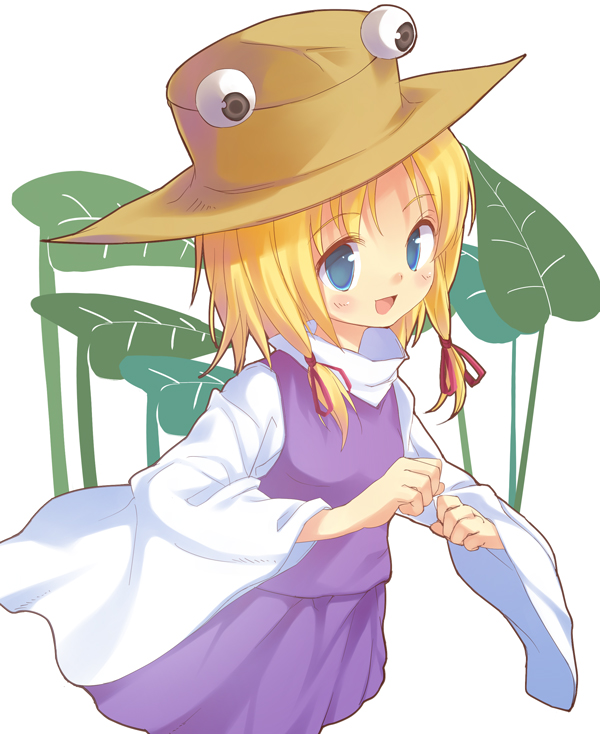 amaa (chou dennou jidai), moriya suwako, touhou, 1girl, blonde hair, blue eyes, female focus, hat, plant, simple background, skirt, solo, white background