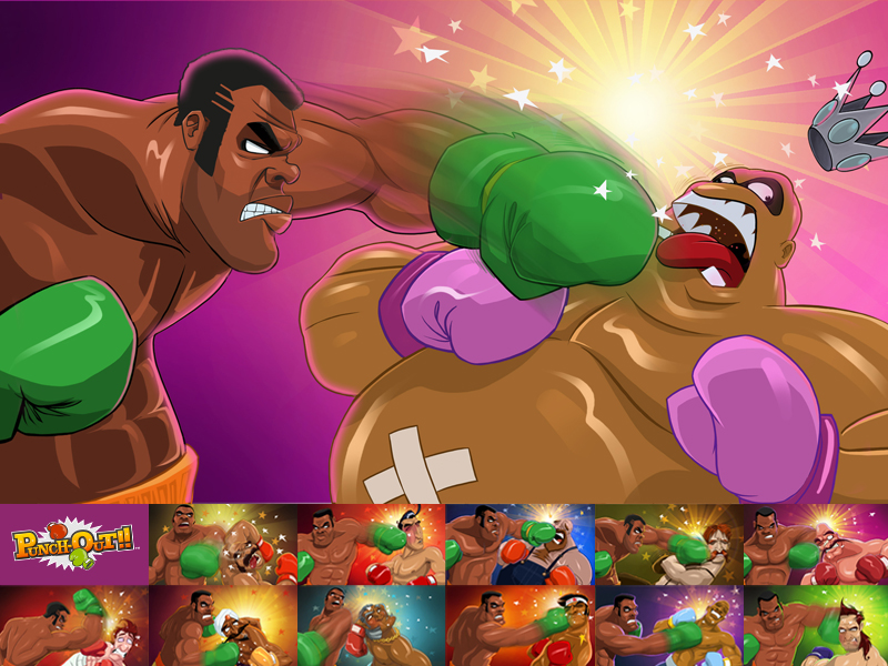 aran ryan, bald bull, bear hugger, disco kid, don flamenco, glass joe, great tiger, king hippo, mr sandman, piston honda, piston hondo, soda popinski, super macho man, von kaiser, nintendo, punch-out!!, super punch-out!!, 6+boys, bald, battle, boxing, boxing gloves, brown hair, clenched teeth, copyright name, crown, facial hair, fat, fat man, gloves, gradient background, green gloves, multiple boys, muscular, muscular male, mustache, overalls, pink gloves, punching, red gloves, short hair, simple background, star (symbol), teeth