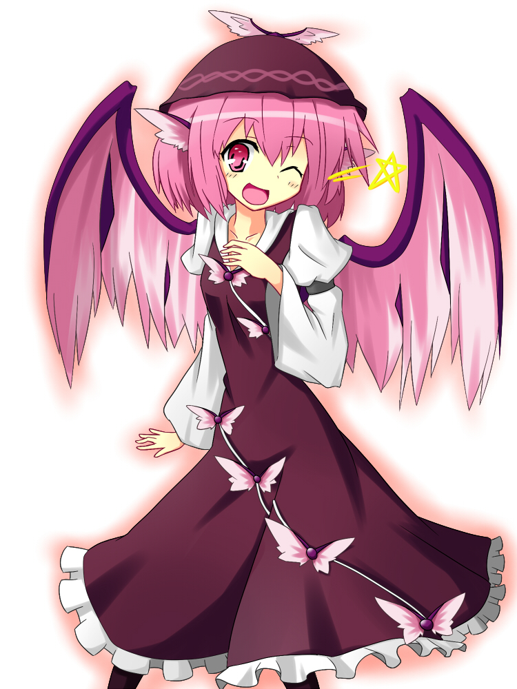 urimono, mystia lorelei, touhou, bad id, bad pixiv id, 1girl, animal ears, dress, female focus, gradient background, hat, one eye closed, open mouth, pink eyes, pink hair, short hair, solo, wings, wink