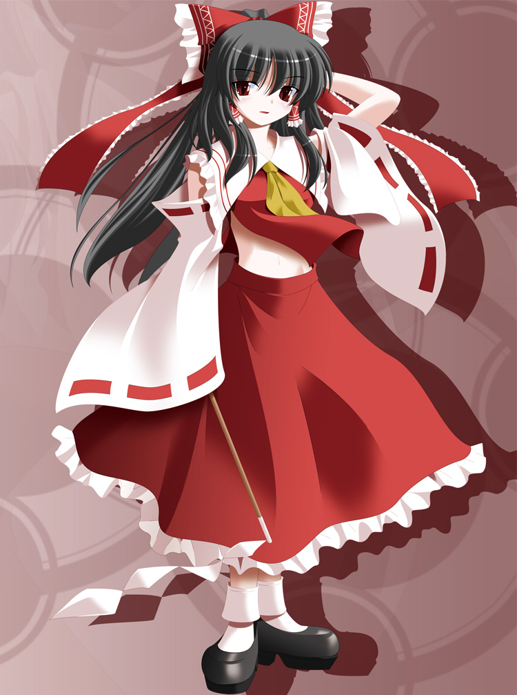 kii (mahoraba), hakurei reimu, touhou, 1girl, black hair, bow, detached sleeves, female focus, full body, gohei, hair bow, japanese clothes, long hair, miko, red eyes, skirt, solo