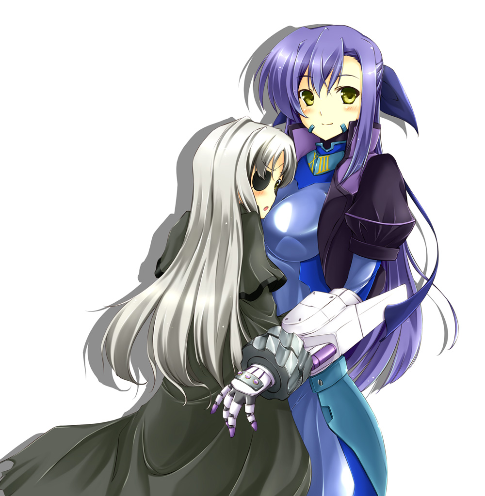 aito (indigorabbit), cinque (nanoha), ginga nakajima, numbers (nanoha), revolver knuckle, lyrical nanoha, mahou shoujo lyrical nanoha, mahou shoujo lyrical nanoha strikers, 00s, 2girls, blush, eyepatch, hug, multiple girls