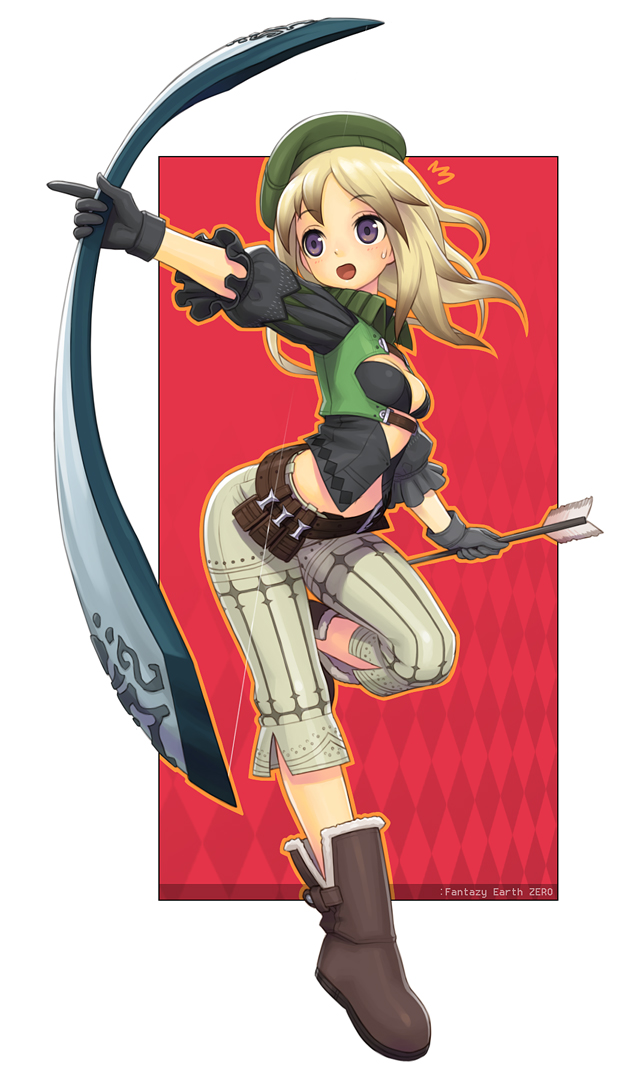 iyokawa, fantasy earth zero, 1girl, arrow (projectile), belt, beret, boots, bow (weapon), breasts, capri pants, cleavage, female focus, gloves, hat, midriff, navel, open clothes, open shirt, pants, shirt, shoes, solo, sweatdrop, weapon