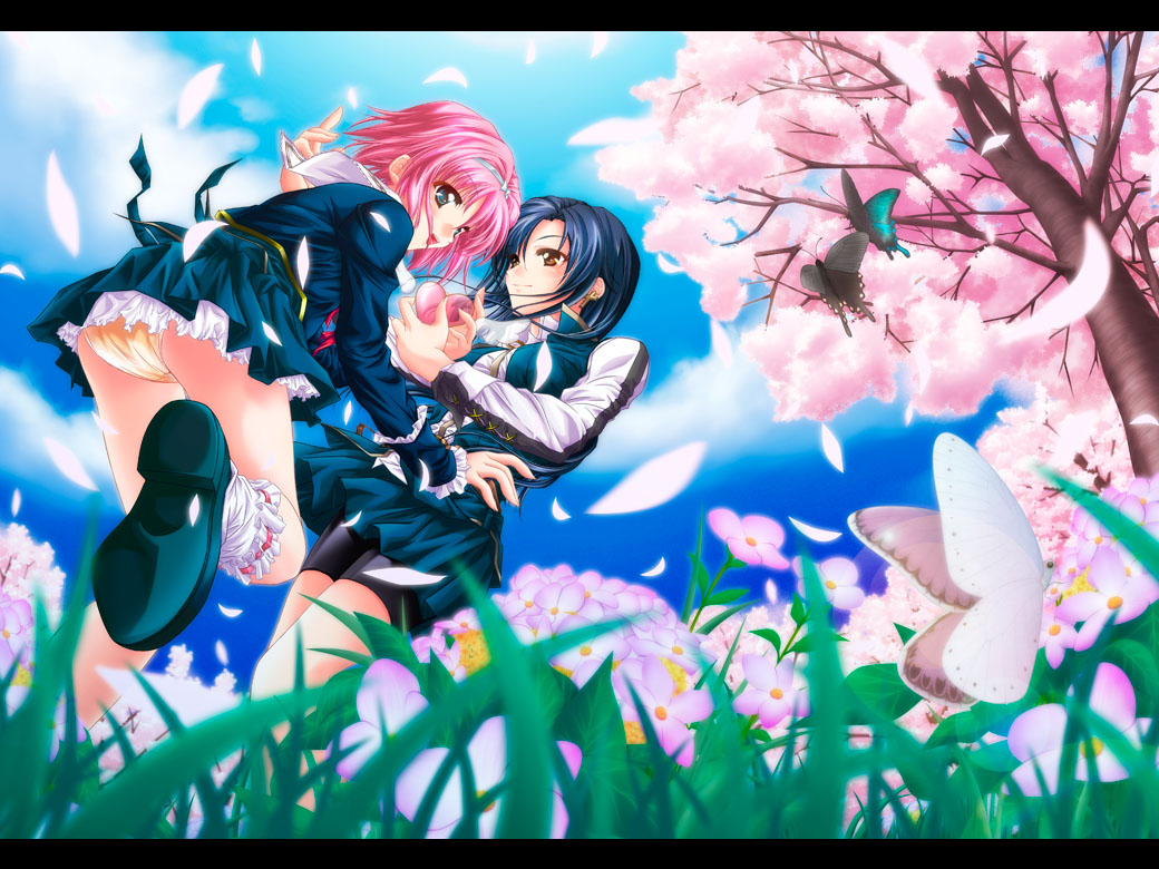 teeta j, teita (pixiv279117), original, 2girls, blue hair, bow, brown eyes, bug, butterfly, cherry blossoms, day, earrings, flower, frills, grass, green eyes, hair bow, heart, insect, jewelry, letterboxed, multiple girls, necktie, panties, pantyshot, petals, pink hair, school uniform, shoes, sky, socks, tree, underwear