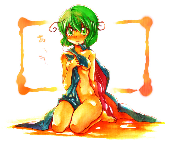 arai kuma, wriggle nightbug, touhou, bad id, bad pixiv id, 1girl, antennae, barefoot, blush, breasts, cape, covering breasts, covering privates, female focus, green eyes, green hair, matching hair/eyes, naked cape, nude, nude cover, seiza, short hair, sitting, small breasts, solo