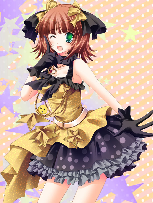 hinata momo, amami haruka, kulche, idolmaster, idolmaster (classic), live for venus, locoroco, bad id, bad pixiv id, 00s, 1girl, brown hair, female focus, gloves, green eyes, hair ribbon, jewelry, one eye closed, pendant, ribbon, solo, star (symbol), wink