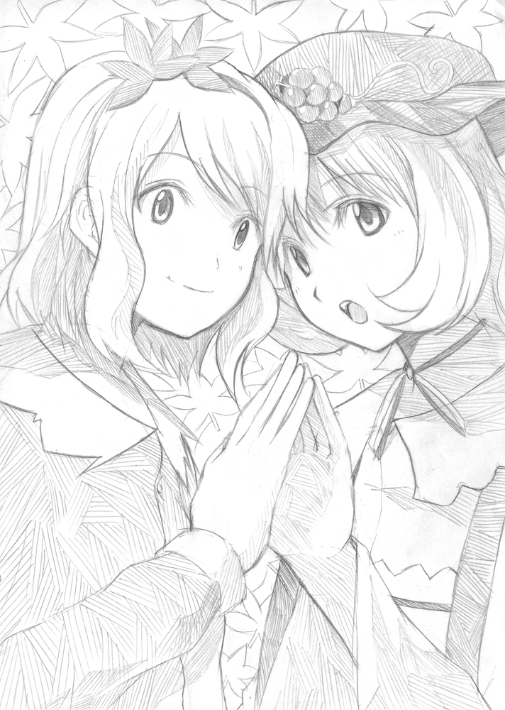 shironeko, tsuji kazuho, tsuji kazuo, aki minoriko, aki shizuha, touhou, 2girls, :o, female focus, greyscale, monochrome, multiple girls, siblings, sisters, sketch