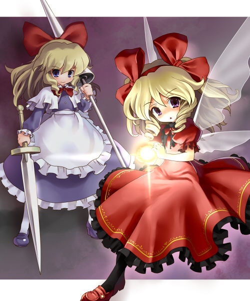 katahira masashi, hourai doll, shanghai doll, touhou, 2girls, blonde hair, doll, drill hair, female focus, gradient background, lance, multiple girls, polearm, short hair, spear, sword, weapon, wings