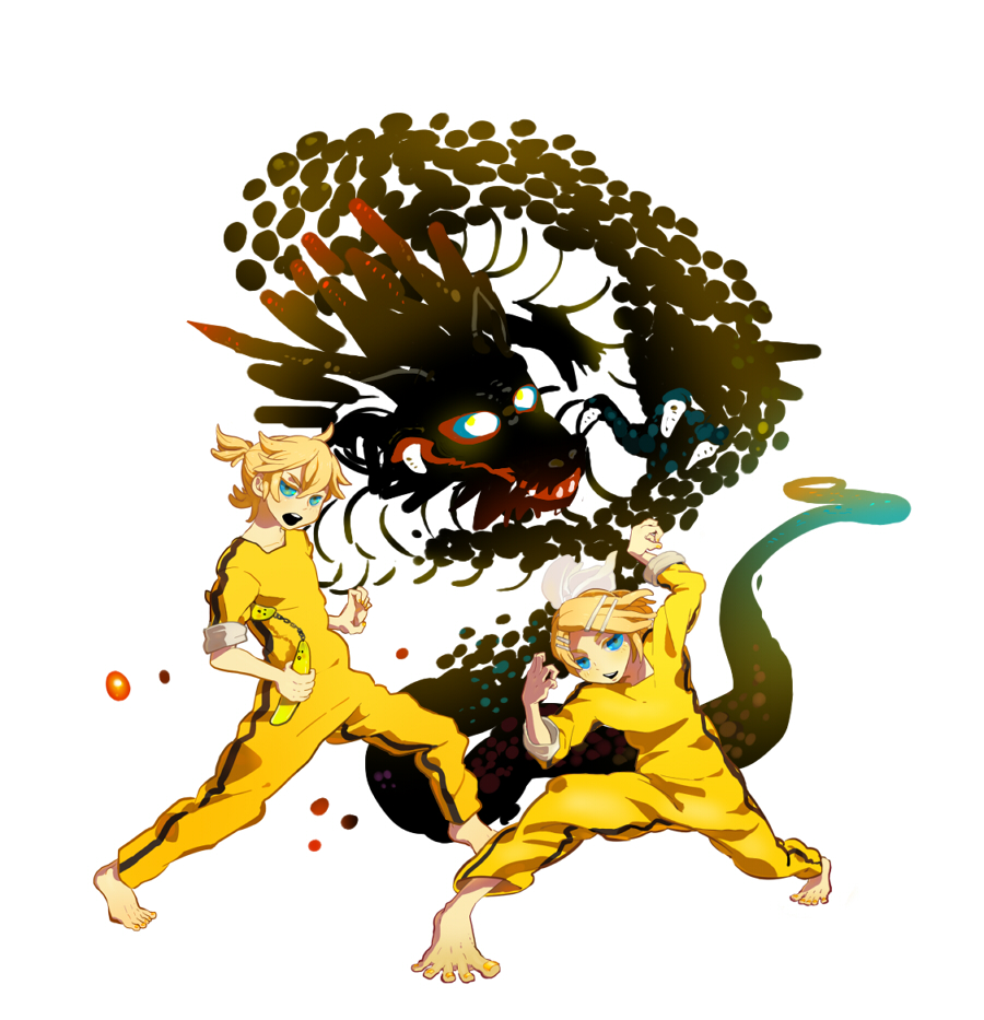 nara (sikasika), bruce lee, kagamine len, kagamine rin, vocaloid, 1boy, 1girl, banana, barefoot, blonde hair, blue eyes, bruce lee's jumpsuit, cosplay, feet, food, fruit, hair ornament, hair ribbon, hairclip, nail polish, nunchaku, parody, ribbon, short hair, siblings, toenail polish, toenails, twins, weapon