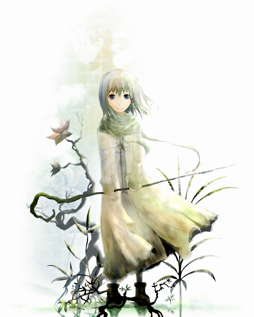 yatsude, original, bad id, bad pixiv id, highres, braid, nature, plant, robe, short hair, smile, solo, staff, white hair