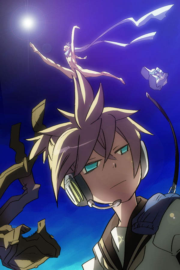 emamu, sugikiyu, kagamine len, kaito (vocaloid), vocaloid, 2boys, blonde hair, blue eyes, blue hair, censored, convenient censoring, day, headphones, jumping, male focus, multiple boys, naked scarf, nude, pants, scarf, sky, split, sun