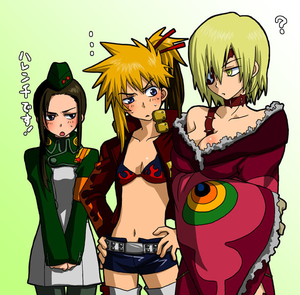 adiane, kinon bachika, kittan bachika, rossiu adai, viral (ttgl), yoko littner, tengen toppa gurren lagann, translation request, 3girls, ?, adiane (cosplay), belt, bikini, bikini top only, blonde hair, breasts, brown hair, cosplay, eyepatch, garrison cap, genderswap, genderswap (mtf), hat, if they mated, jacket, japanese clothes, kimono, kinon (cosplay), leather, leather jacket, midriff, multicolored hair, multiple girls, navel, ponytail, shorts, skirt, small breasts, swimsuit, tattoo, thighhighs, yoko littner (cosplay)