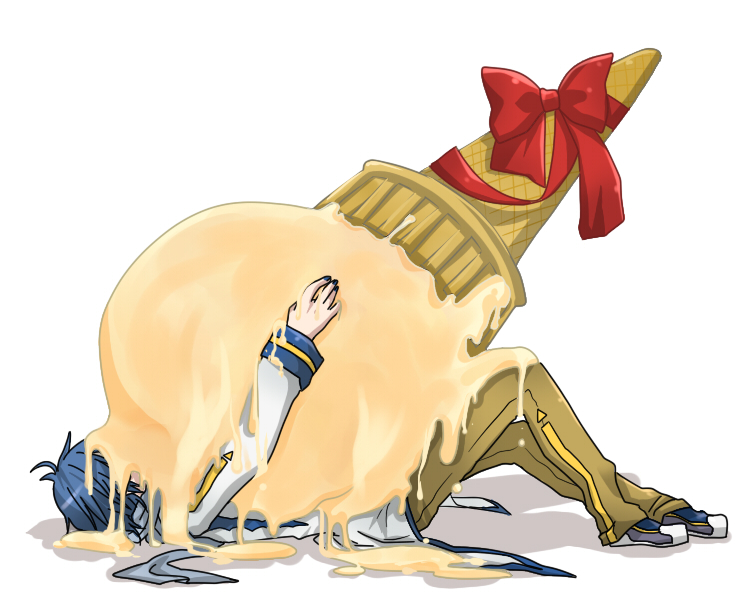 kabushiki souko, souko, kaito (vocaloid), vocaloid, 1boy, blue hair, food, ice cream, ice cream cone, lying, male focus, parody, ribbon, scarf, solo