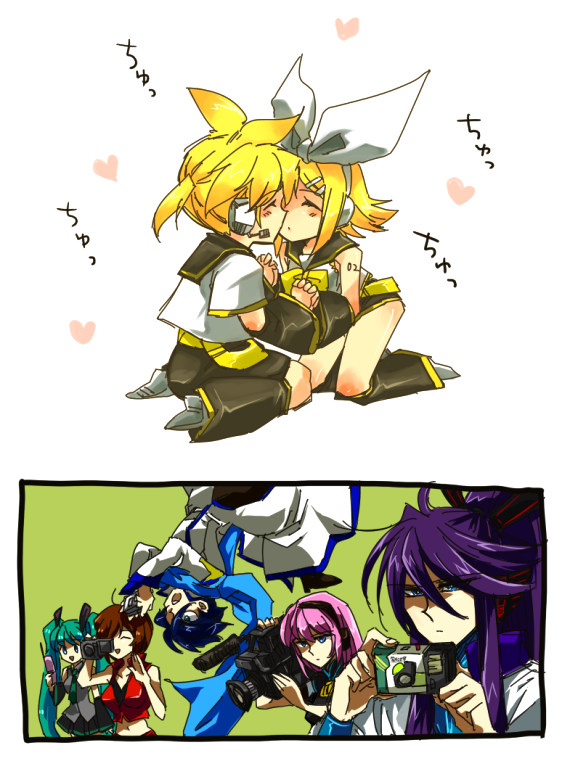 gi (46rain), hatsune miku, kagamine len, kagamine rin, kaito (vocaloid), kamui gakupo, megurine luka, meiko (vocaloid), vocaloid, bad id, bad pixiv id, 3boys, 4girls, blonde hair, blue eyes, blue scarf, brother and sister, brown hair, camcorder, camera, cellphone, closed eyes, detached sleeves, dougi, hair ornament, hair ribbon, hairclip, holding hands, incest, kiss, long hair, multiple boys, multiple girls, phone, pink hair, ponytail, purple hair, ribbon, scarf, short hair, siblings, twincest, twins, twintails, video camera