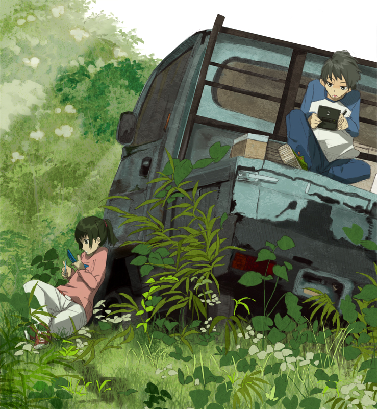 110 gou, original, bad id, bad pixiv id, 1boy, 1girl, black hair, handheld game console, kei truck, motor vehicle, nature, nintendo ds, pickup truck, plant, playing games, ponytail, raglan sleeves, truck, video game