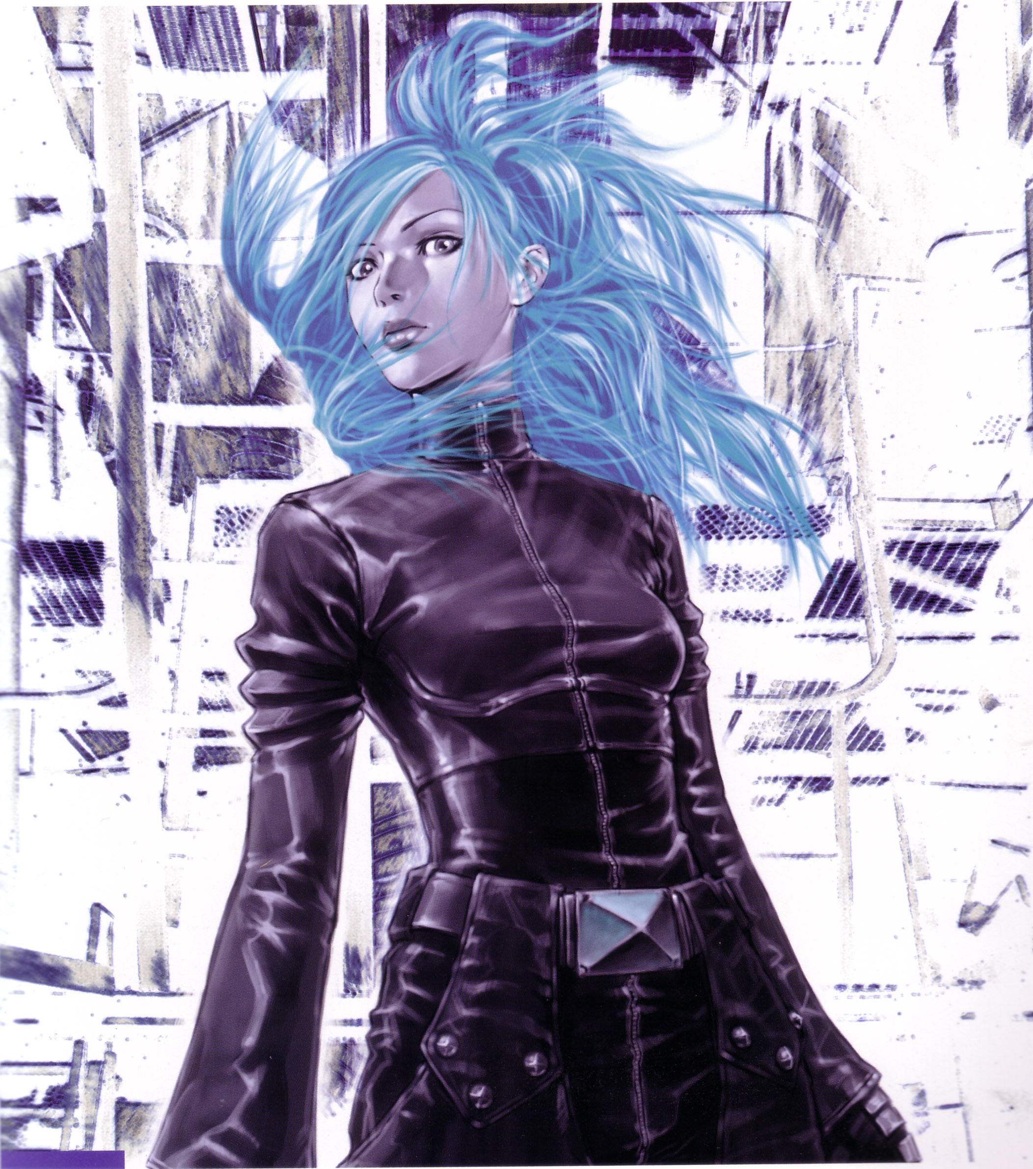 kula diamond, snk, the king of fighters, artbook, highres, official art, scan, 1girl, belt, blue hair, blue skin, chaps, colored skin, cropped jacket, female focus, full-length zipper, lips, long hair, realistic, solo, wind, zipper
