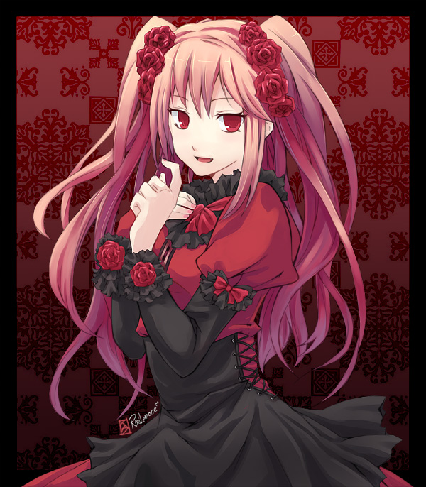 kazuri, flower, goth fashion, long hair, pink hair, red eyes, rose, solo, twintails