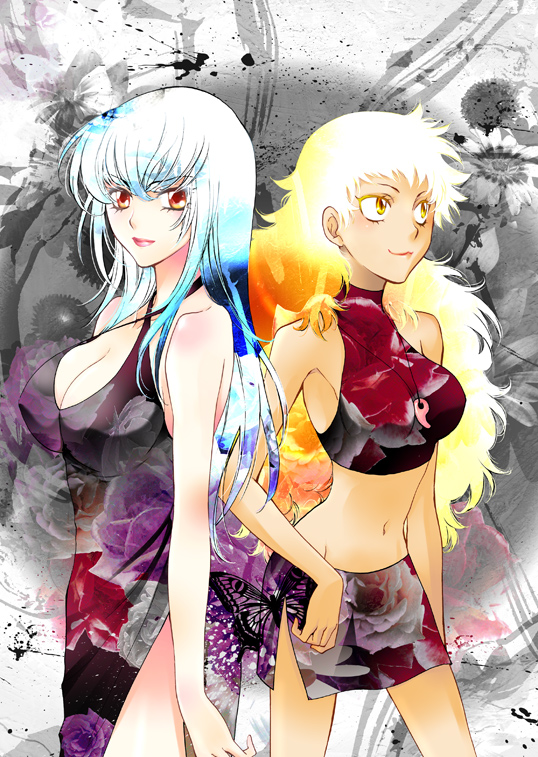 mamiya t, inugami hatsune, tsubomi fujiko, zettai karen children, bad id, bad pixiv id, 00s, 2girls, bare shoulders, breasts, bug, butterfly, cleavage, colorful, dress, flower, ink, insect, jewelry, large breasts, lips, lipstick, long hair, makeup, midriff, multicolored hair, multiple girls, navel, necklace, orange eyes, side slit, silhouette, skirt, sleeveless, sleeveless turtleneck, turtleneck, very long hair, yellow eyes