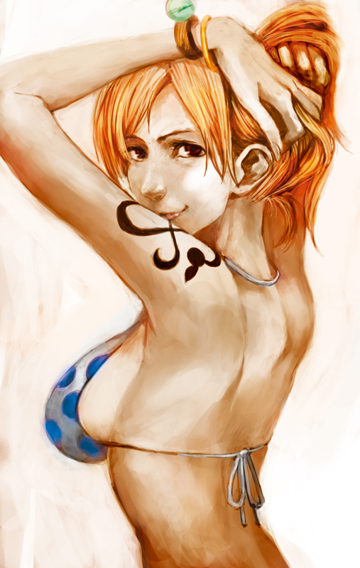 lack, nami (one piece), one piece, 1girl, back, bangle, bare shoulders, bikini, bracelet, breasts, female focus, gold bracelet, jewelry, large breasts, log pose, multicolored bikini, orange hair, realistic, sideboob, solo, swimsuit, tattoo, two-tone bikini