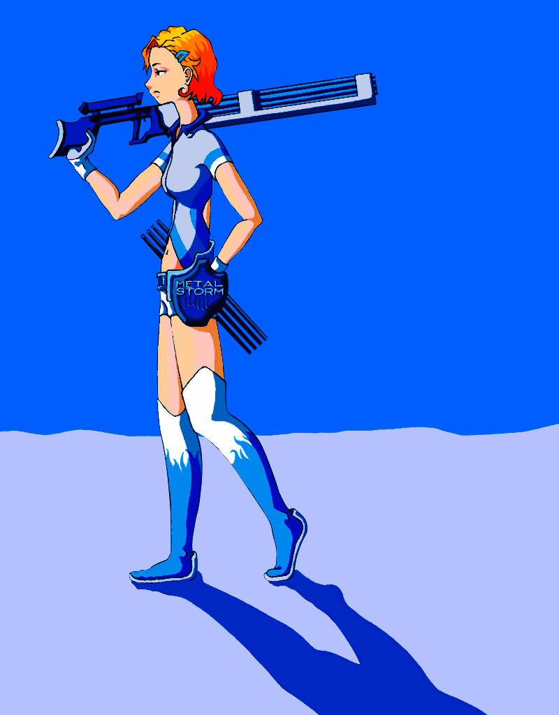boots, gun, hair ornament, hairpin, navel, orange hair, shorts, simple background, solo, thigh boots, thighhighs, weapon