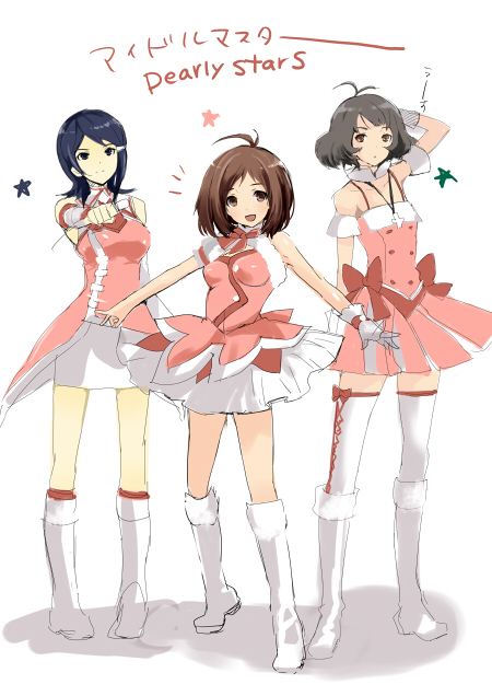 taira tsukune, akizuki ryo, hidaka ai, mizutani eri, idolmaster, idolmaster dearly stars, 00s, 1boy, 2girls, ahoge, blue hair, boots, brown hair, copyright name, cross, crossdressing, cute & girly (idolmaster), flat chest, full body, gloves, grey hair, multiple girls, short hair, thighhighs, trap, white background