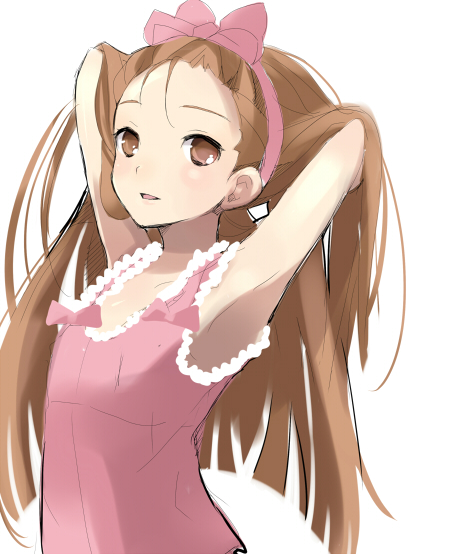 taira tsukune, minase iori, idolmaster, idolmaster (classic), 00s, 1girl, armpits, bow, brown eyes, brown hair, casual, female focus, hair bow, hairband, long hair, ribbon, simple background, solo, white background