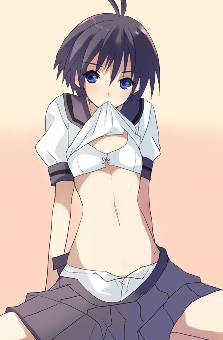 taira tsukune, kikuchi makoto, idolmaster, idolmaster (classic), 00s, 1girl, ahoge, antenna hair, arm support, black hair, blue eyes, bra, clothes lift, female focus, kneeling, lingerie, midriff, mouth hold, navel, open clothes, open skirt, panties, purple hair, school uniform, shirt lift, short hair, skirt, skirt drape, solo, spread legs, underwear