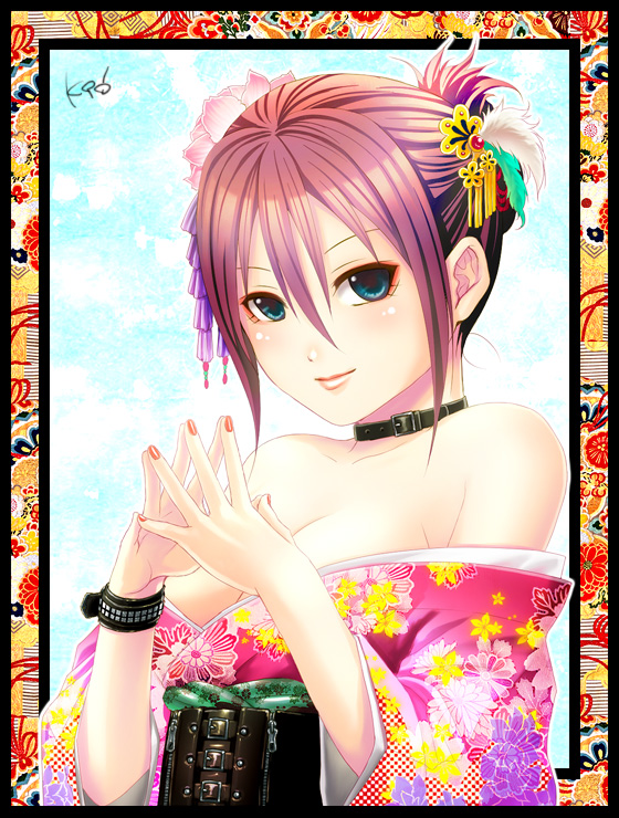 k96, bad id, bad pixiv id, 1girl, bare shoulders, belt, blue eyes, blush, bracelet, breasts, brown hair, cleavage, collar, corset, eyeshadow, female focus, fingernails, flower, folded ponytail, green eyes, hair flower, hair ornament, hair up, japanese clothes, jewelry, kimono, makeup, medium breasts, nail (hardware), nail polish, obi, off shoulder, orange nails, pink hair, pink kimono, sash, signature, smile, solo