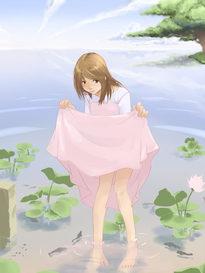 heya no sumi, 1girl, barefoot, blue sky, blush, brown eyes, brown hair, clothes lift, cloud, cloudy sky, day, dress, dress lift, feet, female focus, fish, flower, holding, long hair, looking at viewer, nature, pigeon-toed, pond, skirt hold, sky, solo, standing, toes, tree, water, wet