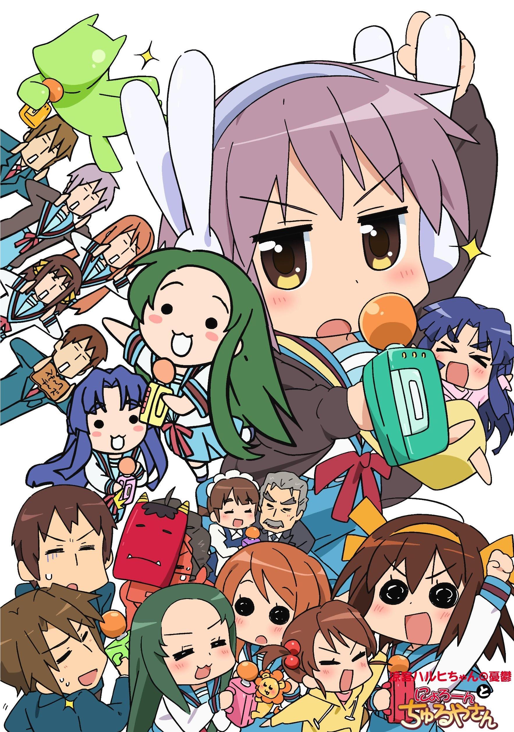 achakura, arakawa (suzumiya haruhi), asahina mikuru, asakura ryoko, ashakura, churuya, kimidori-san, koizumi itsuki, kyon, kyon no imouto, mori sonou, mugen lion, nagato yuki, suzumiya haruhi, taniguchi (suzumiya haruhi), tsuruya, suzumiya haruhi-chan no yuuutsu, suzumiya haruhi no yuuutsu, absurdres, highres, jpeg artifacts, > <, 00s, 6+boys, 6+girls, bunny headphones, cheese, closed eyes, demon, everyone, food, headphones, lion, microphone, multiple boys, multiple girls, smoked cheese